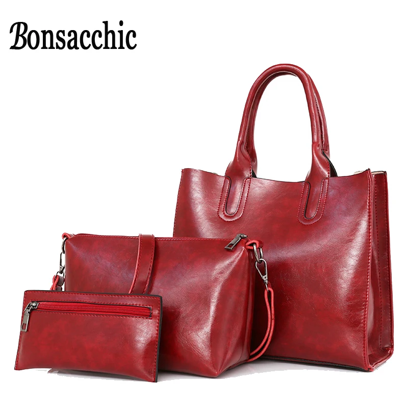 Bonsacchic 3 шт. кожаные сумки с верхней ручкой Женская Ручная сумка набор красная