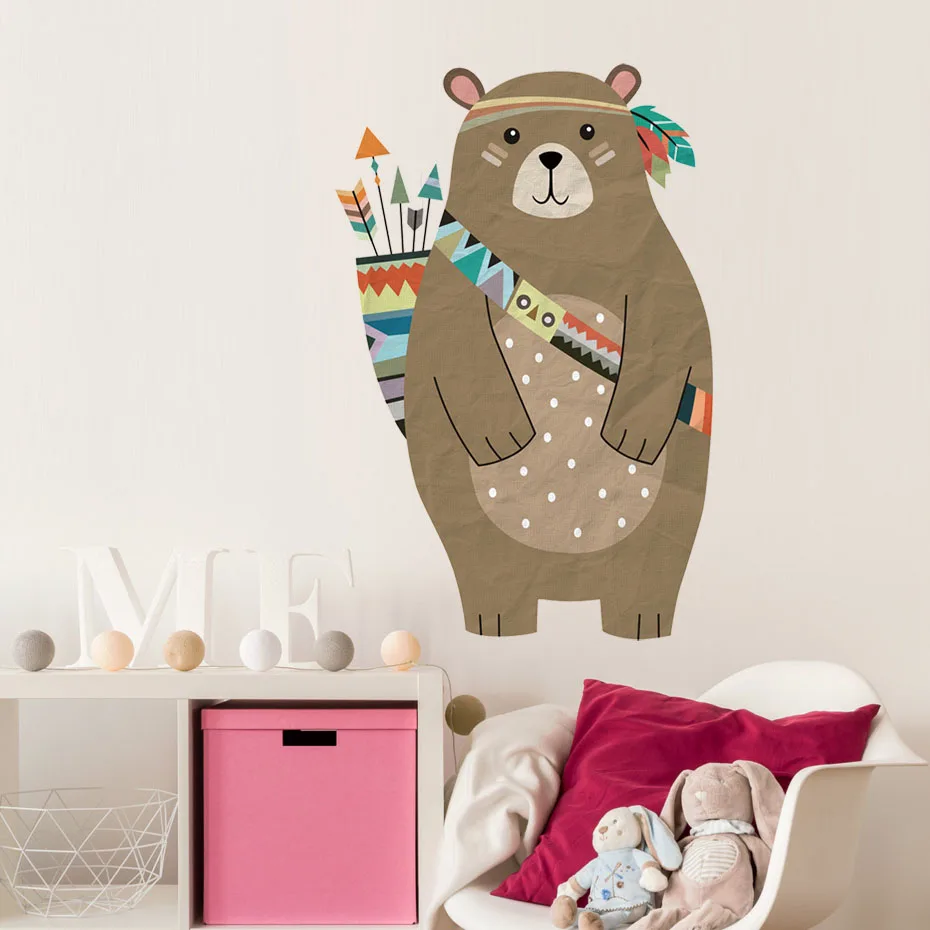 Cute Tribal Bear Wall Sticker Removable PVC Cartoon Bear Stickers Diy Nursery Wall Art For Baby Kid Room Vintage Home Decor