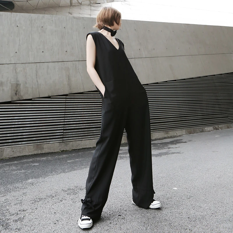 New 2019 Korean Style Women Solid Black Romper Jumpsuit Full Length V Neck Sleeveless Female Casual Overalls Pants 9000 | Женская одежда
