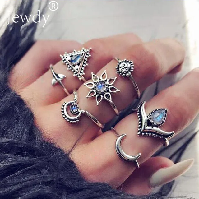 1095 50 стилей Boho Панк для женщин полые треугольные капли воды стрелка солнце драгоценный камень кристалл набор серебряных колец личность девушка ювелирные аксессуары - Цвет основного камня: 1095