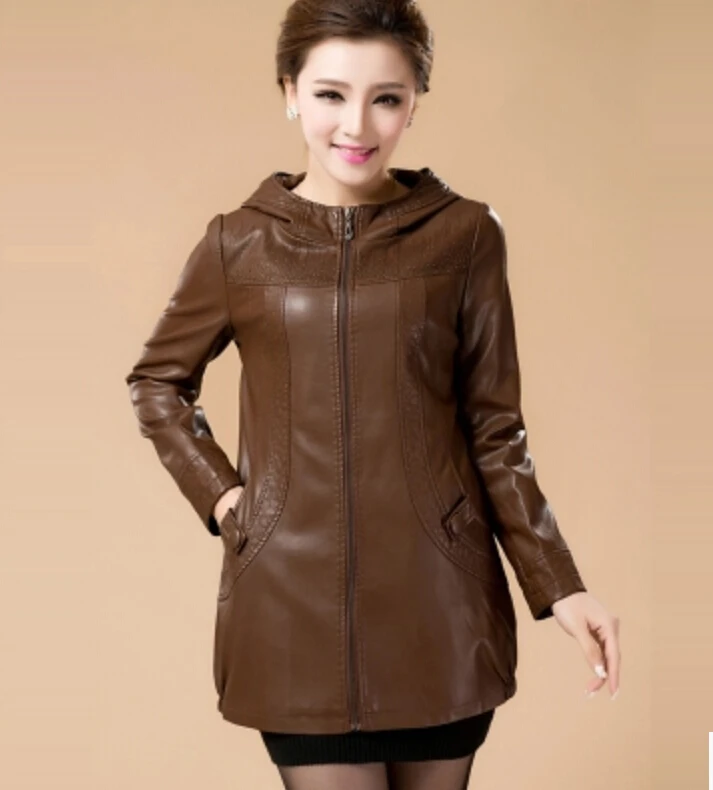 Плюс Размеры кожаные пальто Для женщин 2017 Новая весенняя одежда с капюшоном