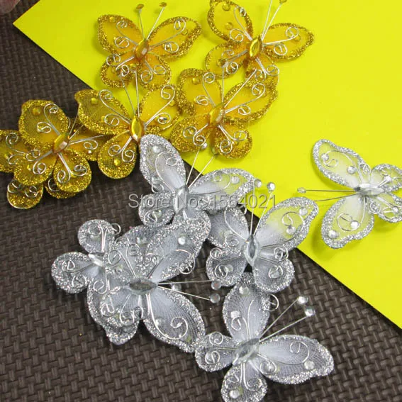 

silver and golden glitter Organza/Gauze Butterflies wedding party decorative butterflies 20pcs/lot