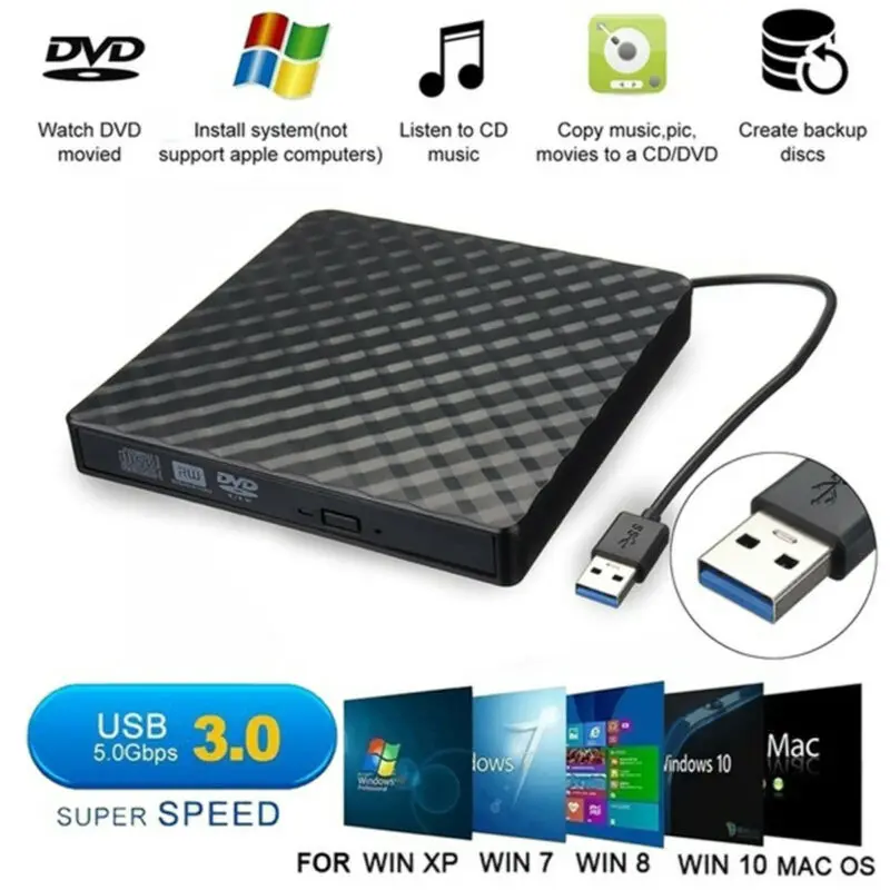 USB3.0 высокоскоростной черный внешний комбо оптический привод CD/DVD проигрыватель RW