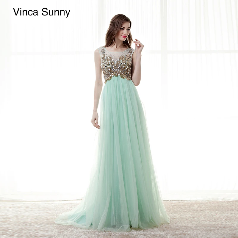 Beauty Scoop Neck Beading Open Back mint green tulle Long Prom Dresses 2018 Sleeveless A Line Floor Length Dress custom | Свадьбы и