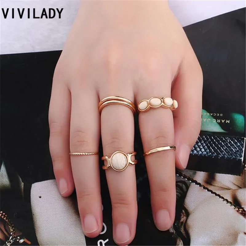 VIVILADY Bohemian 6pcs Boho Natural Blue Stones Steampunk Finger Midi Knuckle Ring Sets Anel Accessory Women Girl Birthday Gifts | Украшения