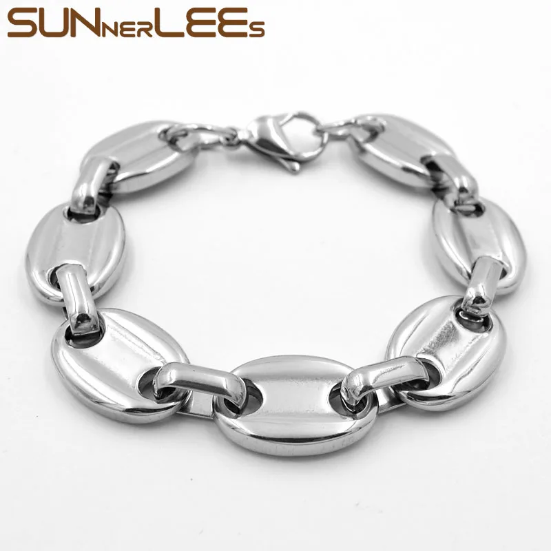 SUNNERLEES модные украшения 316L браслет из нержавеющей стали 15 мм огромный кофе в зернах звено цепи серебро для мужчин женщин подарок SC13 B