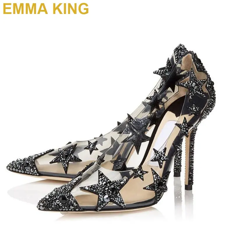 EMMA KING модные ПВХ Стразы Звезд Женские туфли лодочки женские на высоком каблуке с
