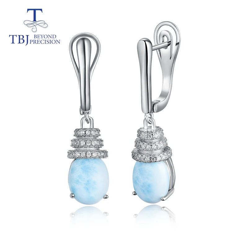 

TBJ,Simple style earring with natural larimar oval 8*10mm gemstone fine jewelry 925 sterling silver for girls nice gift with box