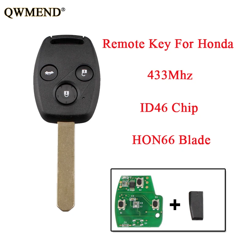 QWMEND дистанционный ключ 433 МГц для Honda Accord Civic 2003 2004 2005 2006 2007 автомобильный брелок 3 кнопки с ID46 чип HON66 лезвие