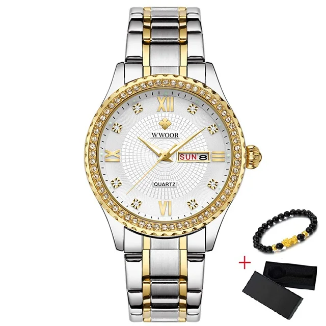 Gold White Jianjin WWOOR часы с днями недели мужские роскошные день дата мужские s наручные часы водонепроницаемые мужские часы из нержавеющей стали Кварцевые спортивные часы подарок браслет - Цвет: Gold White Jianjin