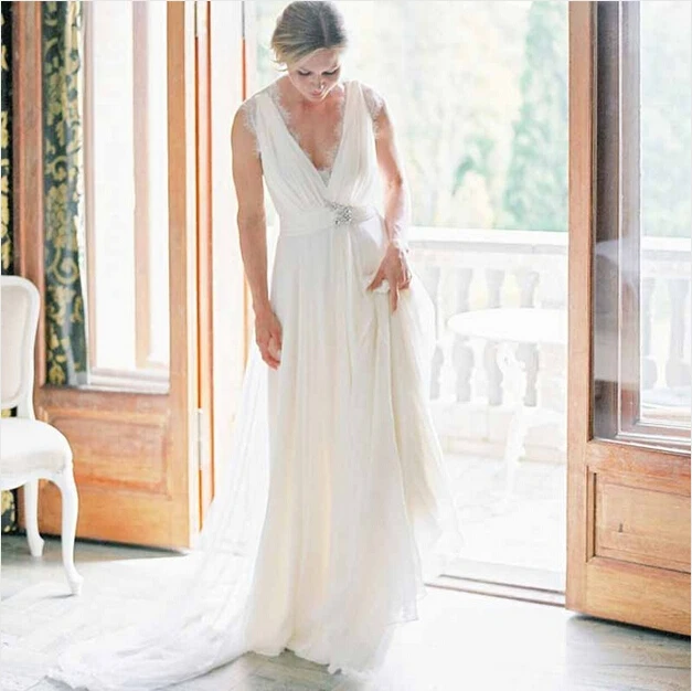 2016 кружева простой длинные свадебные платья сексуальный v-образным вырезом