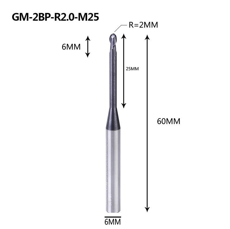 GM-2BP-R2.0-M25 GM-2BP R1.0-R2.5 твердосплавная Концевая фреза 2 флейты с круглым носом и длинной шеей с коротким отрезным краем с покрытием фрезерный станок с ЧПУ режущие инструменты - Длина режущей кромки: GM-2BP-R2.0-M25