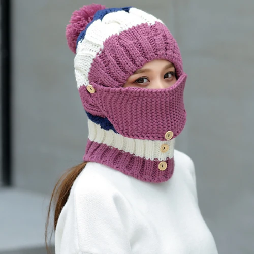 Purple HT2081 зимние аксессуары для женщин, Толстая теплая маска, шапка, шарф, набор, женская вязаная шапочка, шарф, набор, большой помпон, зимняя шапка с шарфом - Цвет: Purple