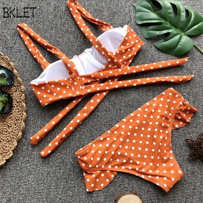 

Summer White Dot Print Swimwear 2018 New Orange Swimsuit Push Up Pad Bikini Set Low Waist Women Beachwear Femme Flounce
