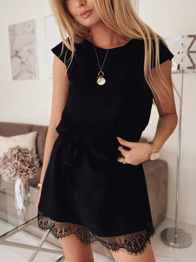 Платье женское кружевное мини платье с о вырезом и коротким рукавом лето