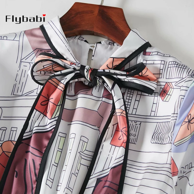 

costom plus size horse print high quality summer fashion ladies Bow tie full sleeve Vintage Mid-Calf women dress