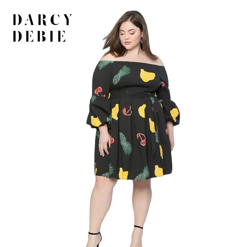 Darcydebie 2018 autumn Women Plus Size Elegant pleated printing party dress Sexy Slash neck Dew Shoulder Lace-up Loose vestidos | Женская