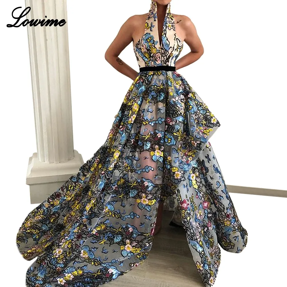 

New Fashion Floral Print Prom Dresses 2019 Halter Sleeveless Illusion Dubai Evening Celebrity Prom Party Gowns robe de soiree