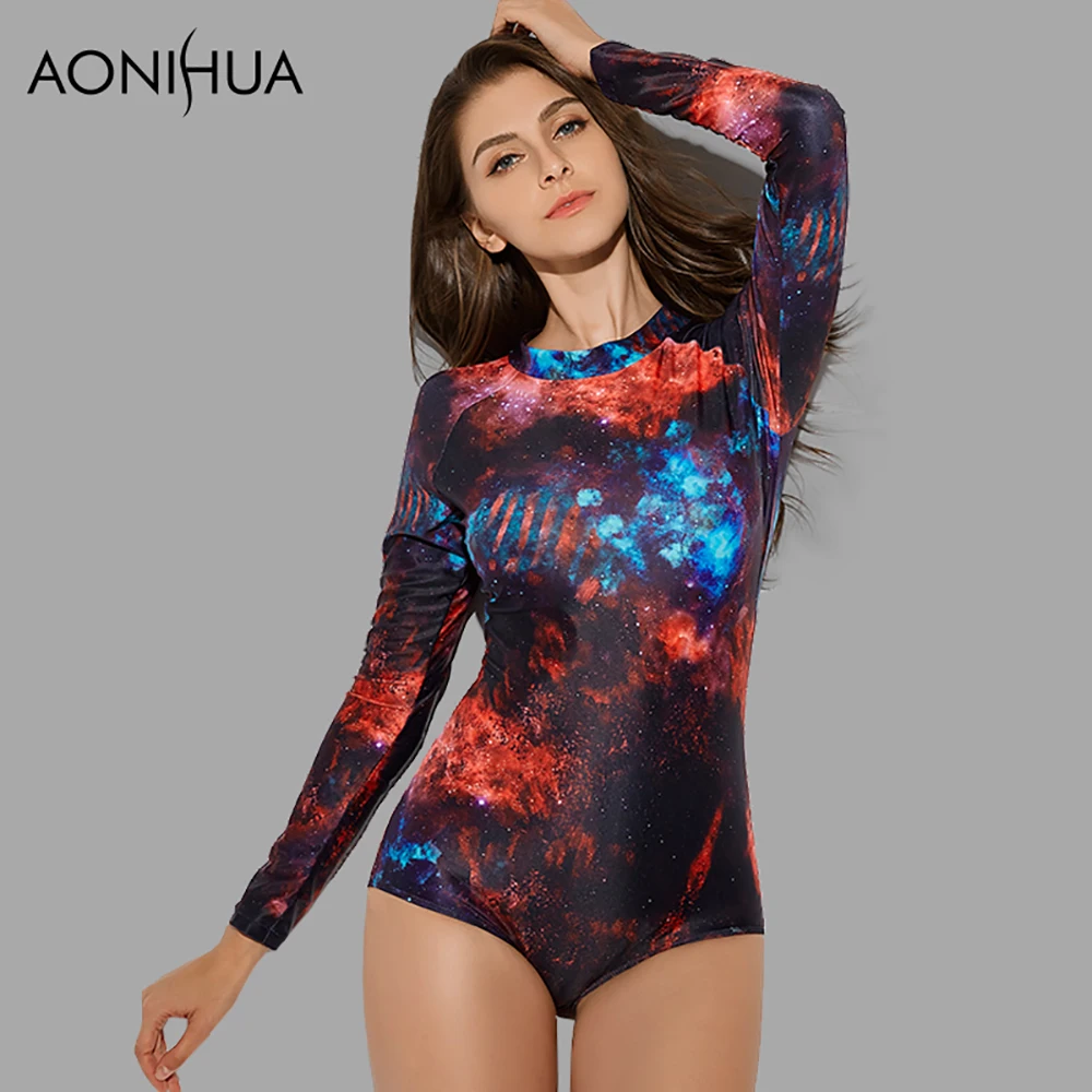 AONIHUA Cosmic Star Цельный купальник для женщин 2018 новый с длинным рукавом на молнии