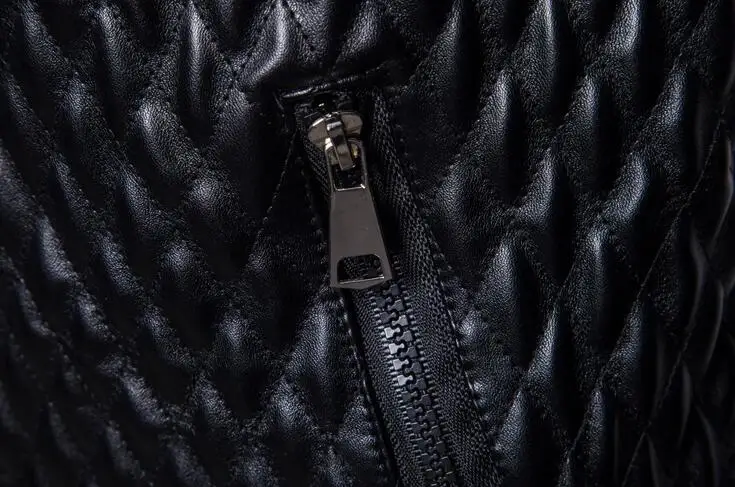 

Loose motorcycle leather jacket men Rhombus pattern line Jacquard stereo clothes mens leather jackets casual coats stand collar