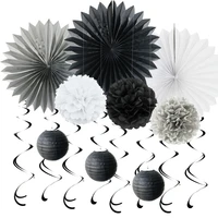 blackgreywhite paper decoration set swirls paper fans poms for adult birthday wedding party room party decoration supplies