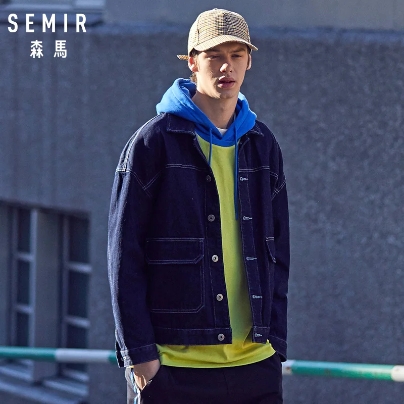 Мужская джинсовая куртка SEMIR потертая из 100% хлопка с открытыми плечами и передним