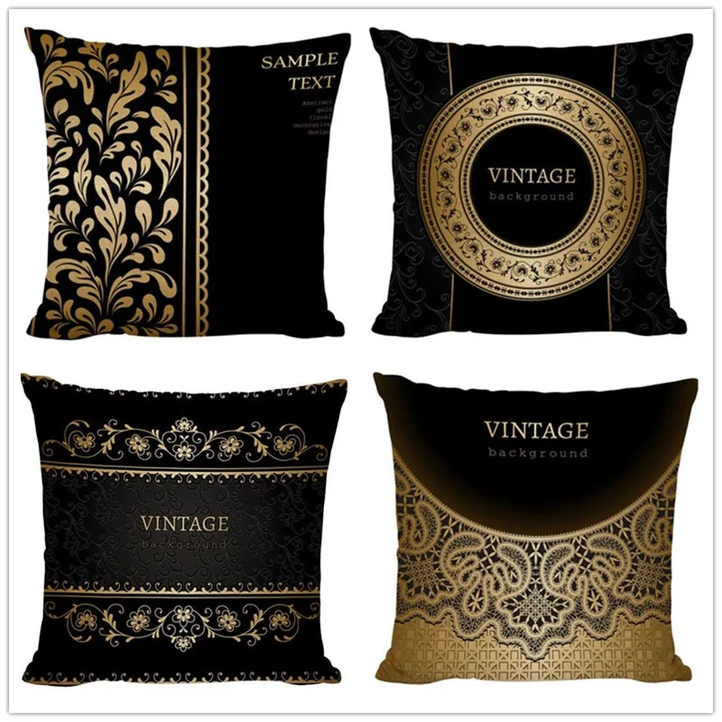 

Quality Vintage Stylish Decorative Black Gold Throw Pillow Seat Retro Cojines Cover Frame Fashion