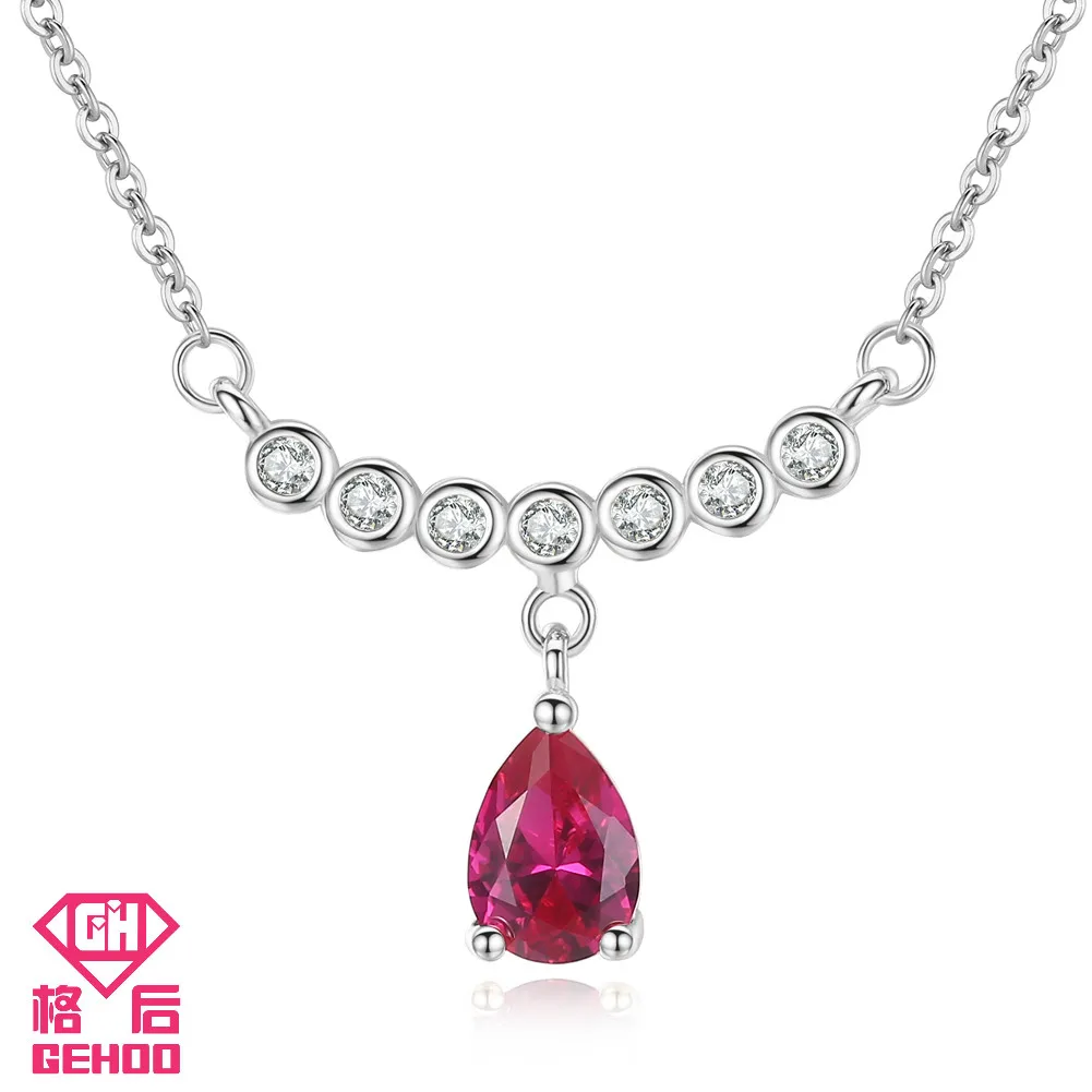 Silver Chain GEHOO Винтаж для женщин Свадебные украшения красный камень рубин капли воды подвеска с фианитом ожерелья Шарм стерлингового серебра 925 колье Femme - Цвет камня: Silver Chain