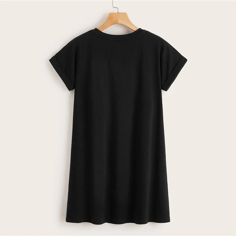 SweatyRocks, черная футболка с манжетами, платье для женщин, однотонное, для отдыха, короткая футболка, платья,, летнее повседневное мини-платье