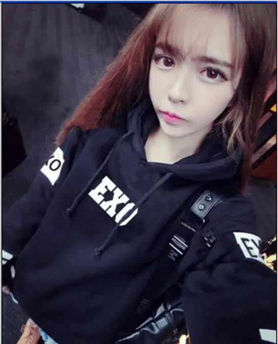 Kpop exo 2016 новинка осень длинный рукав черный с капюшоном женские толстовки одежда