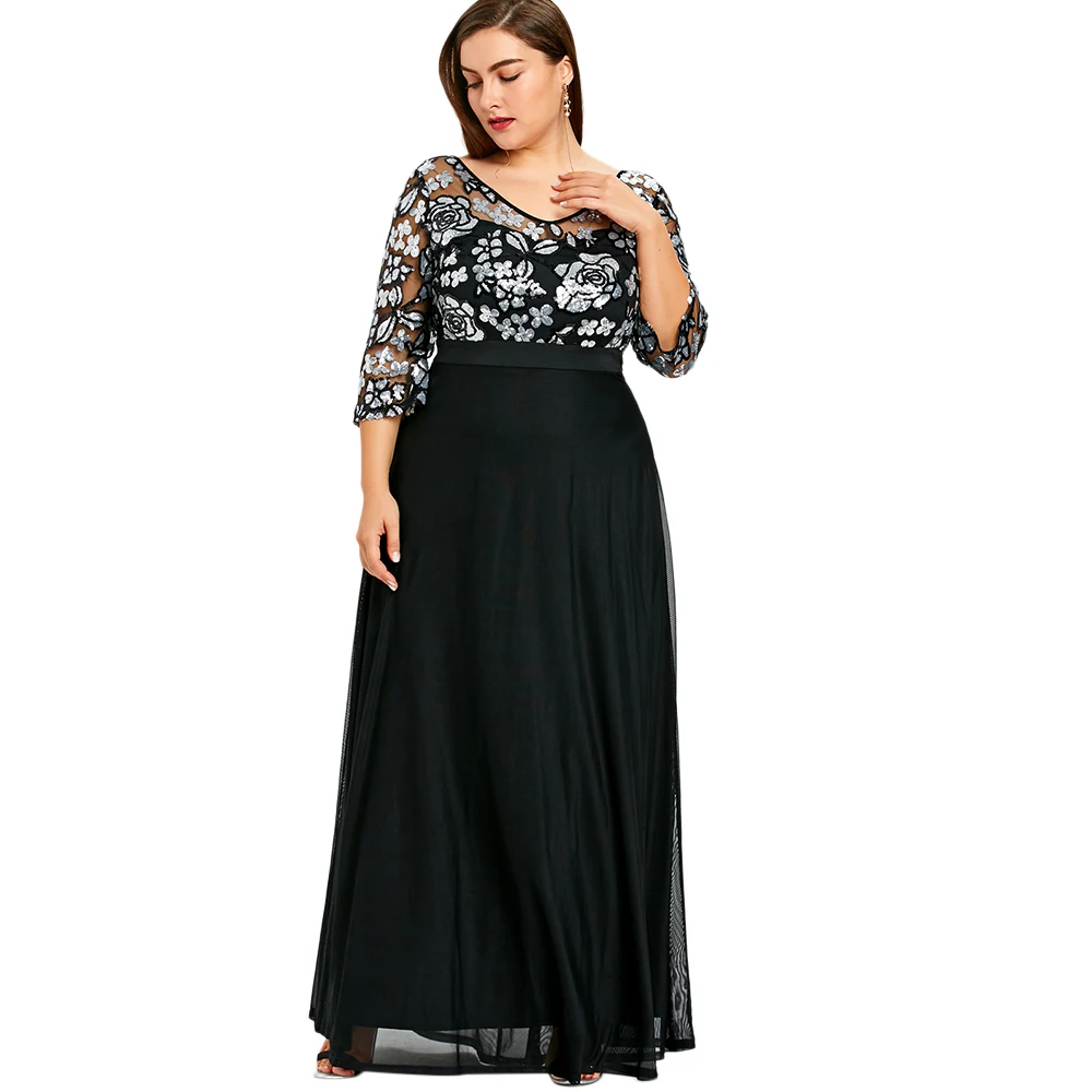 2018 новый плюс Размеры 5xl Sequined Floral Maxi Пром Для женщин праздничное длинное платье