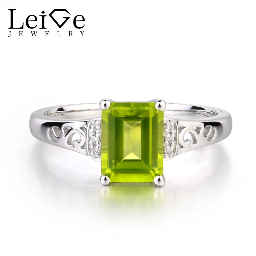 

Leige Jewelry Real Natural Green Peridot Ring Engagement Rings Emerald Cut Gemstone August Birthstone Ring 925 Sterling Silver