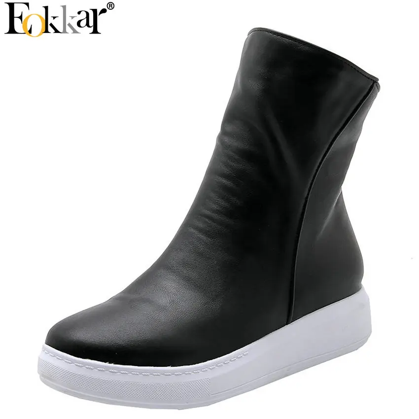 

Eokkar 2020 Women Ankle Boots Pu Leather Wedge Heel Round Toe Mid Heelzipper Winter Boots Shoes Ladies Boots Big Size 34-40