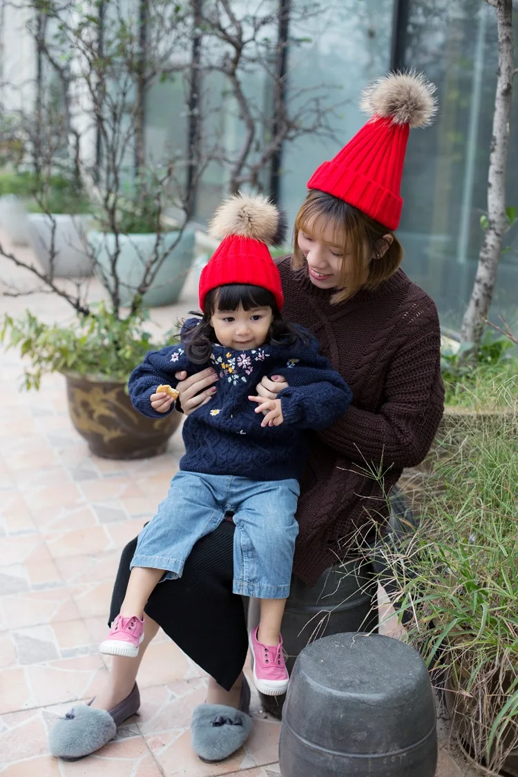 Doitbest Beanies для родителей и ребенка, Женский енот, настоящий помпон из лисьего меха, зимние шапки для взрослых, женские шерстяные шапки, бренд, женский головной убор из плотной ткани
