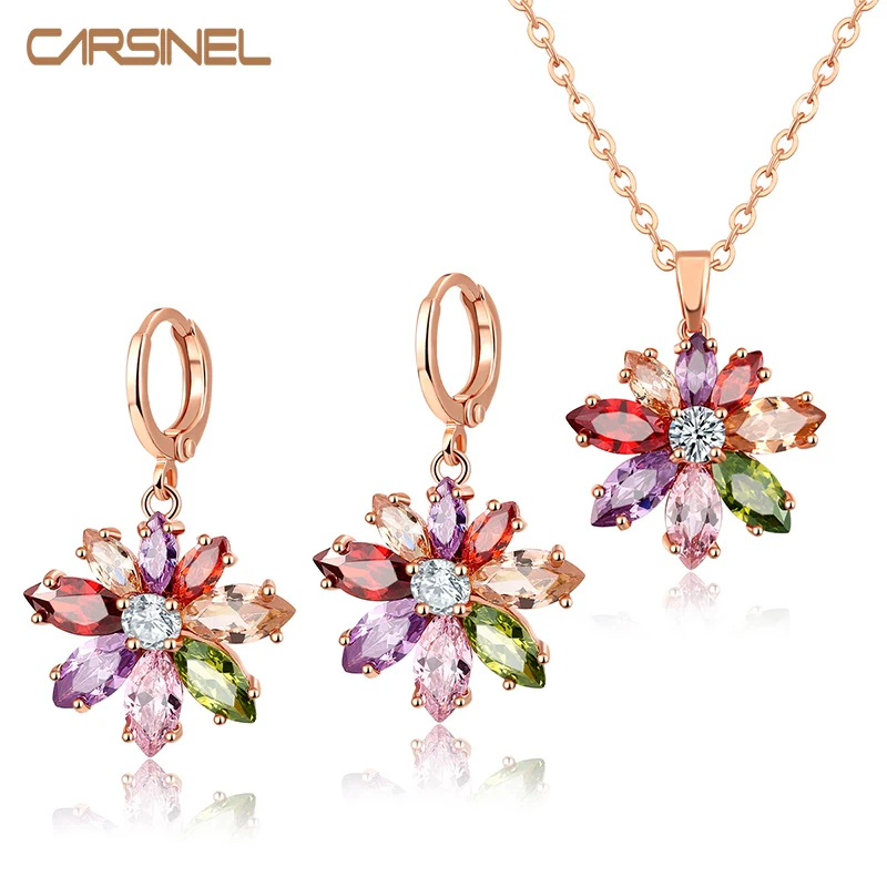 Модные Ювелирные наборы CARSINEL серьги в форме цветка ожерелье и из розового золота
