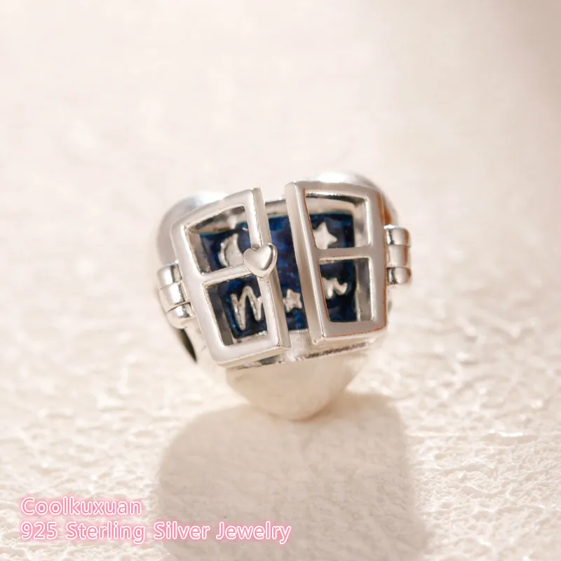  Mother's Day 100% 925 Sterling Silver Window Heart Charm Blue Enamel beads Fits Original Pandora bracelets Jewelry Making | Украшения