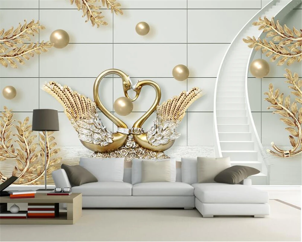 3D обои Beibehang Роскошные 3d Лебедь золотые украшения вращающаяся лестница ТВ фон для