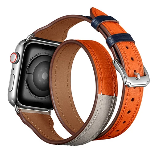 Кожаный ремешок для apple watch band 44 мм/40 мм, correa apple watch 38/42 мм браслет Наручный Ремень Double Tour петля наручных часов iWatch серии 4 3 2 - Цвет ремешка: Orange blue