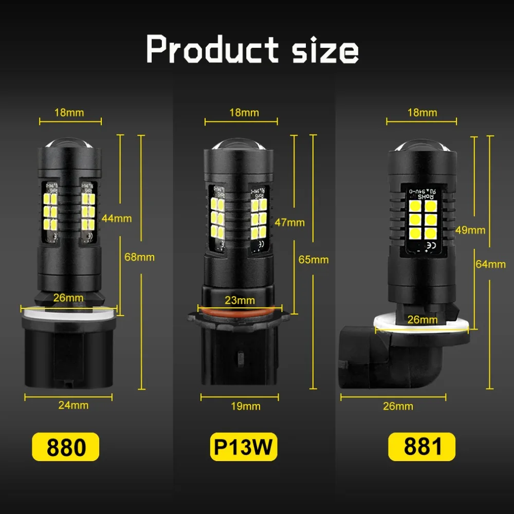 Светодиодная лампа H27 2 шт. 880 881 P13W Led PSX26W H27W/1 H27W/2 1200LM 6000K 12V 24V Белый противотуманный