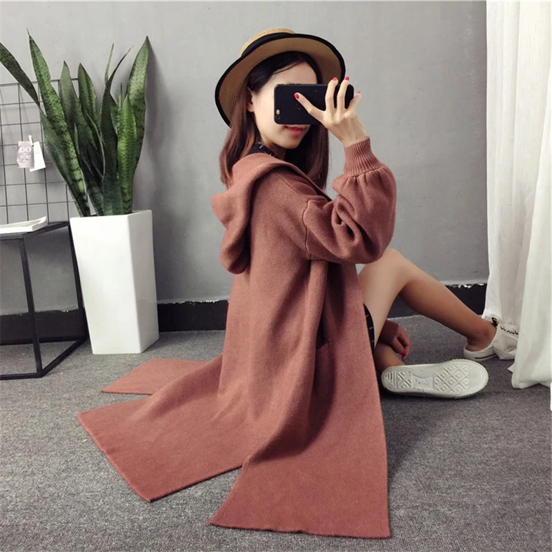 

2019 Autumn Winter Women Warm Hooded Knitting Long Cardigan Sweater Jumper Female Knitted Pocket Open Stitch Outerwear Coat Q21