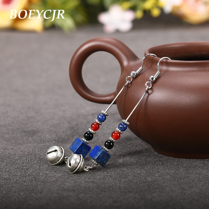 Серьги подвески BOEYCJR с бусинами из натурального синего камня этнические серьги