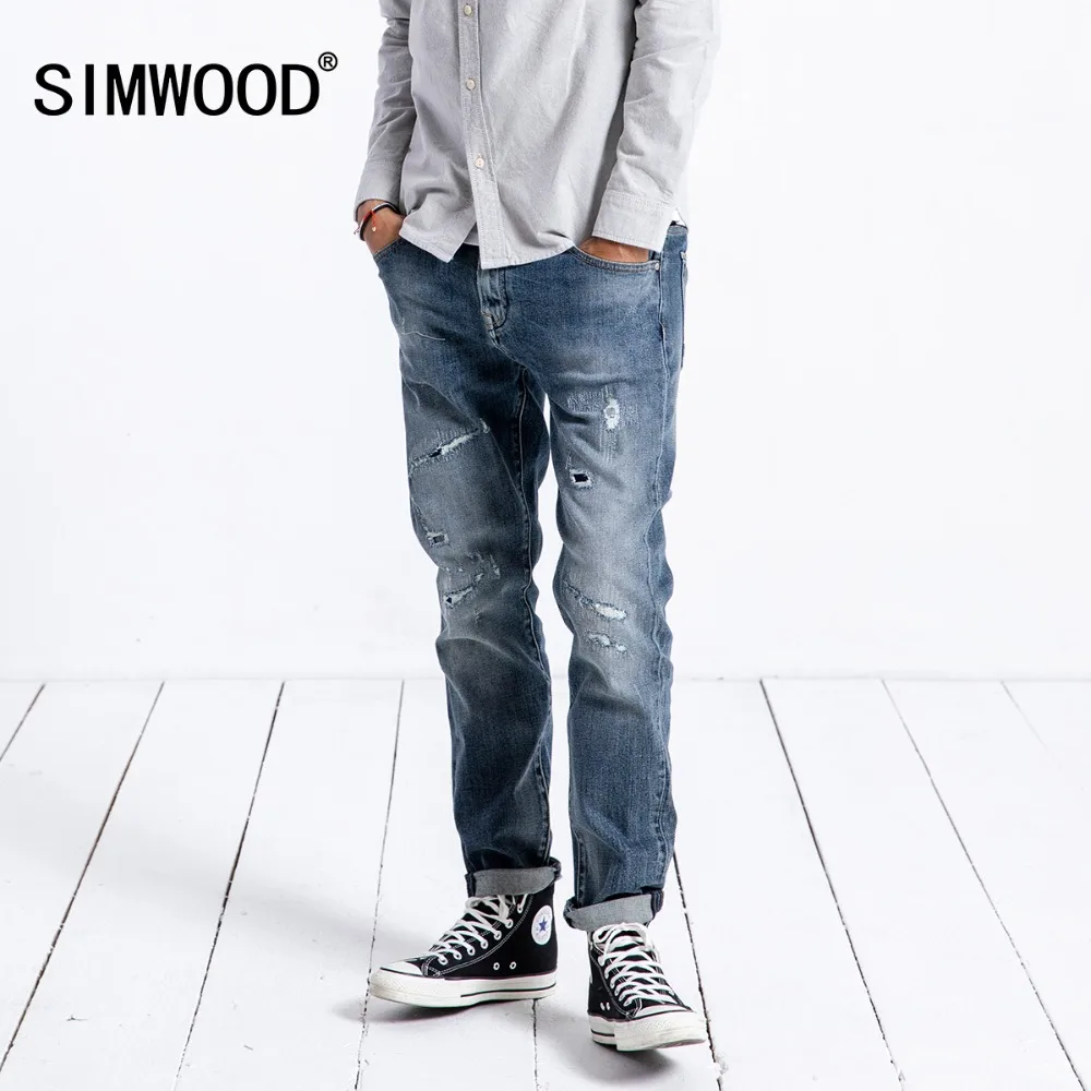 Бренд SIMWOOD мужские джинсы модные повседневные с дырками джинсовые брюки тонкие