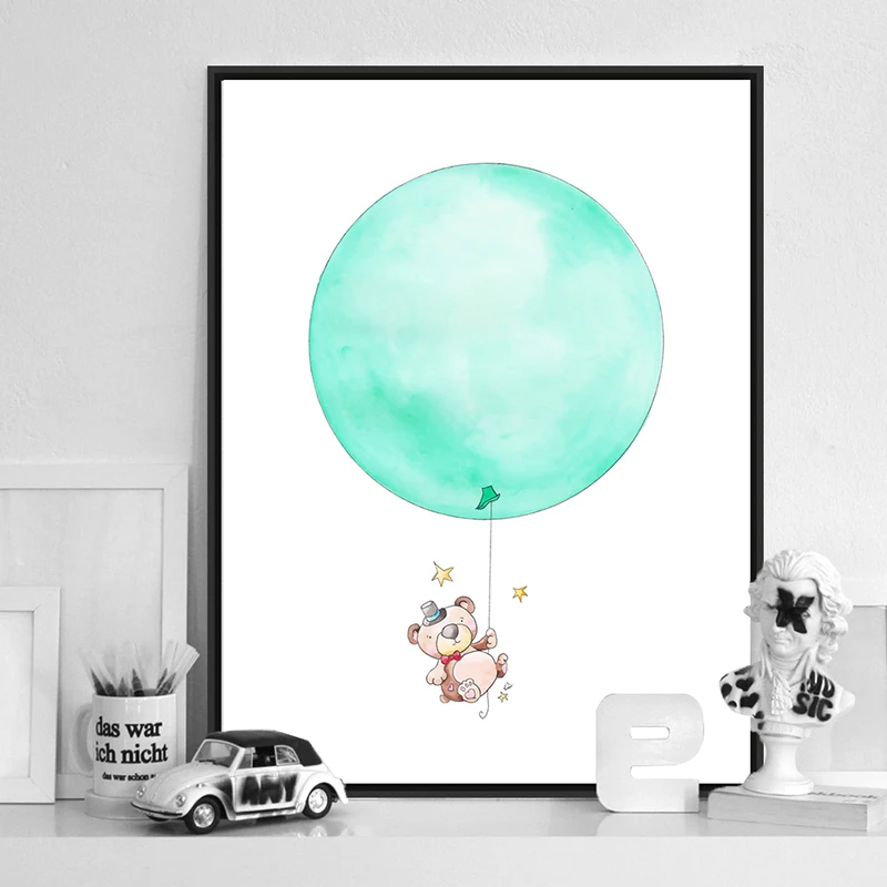 Kawaii мультфильм животных Медведь воздушный шар Плакат стены искусства холст