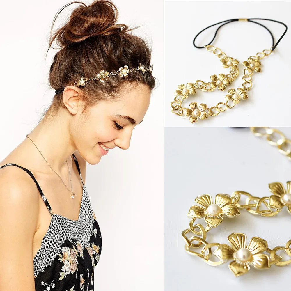 Красивые ободки для волос с жемчугом и металлическими цветами индийские
