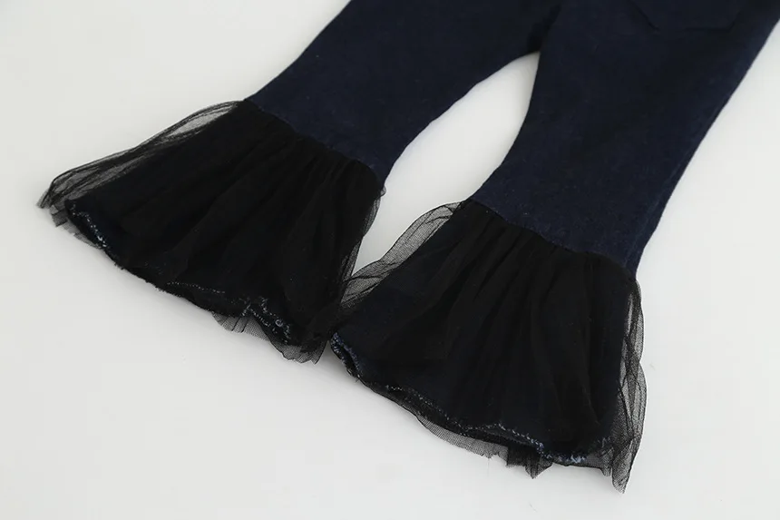 Meninas деним джинсы с кружевом для девочек модные Pantalones Campana маленьких осенние