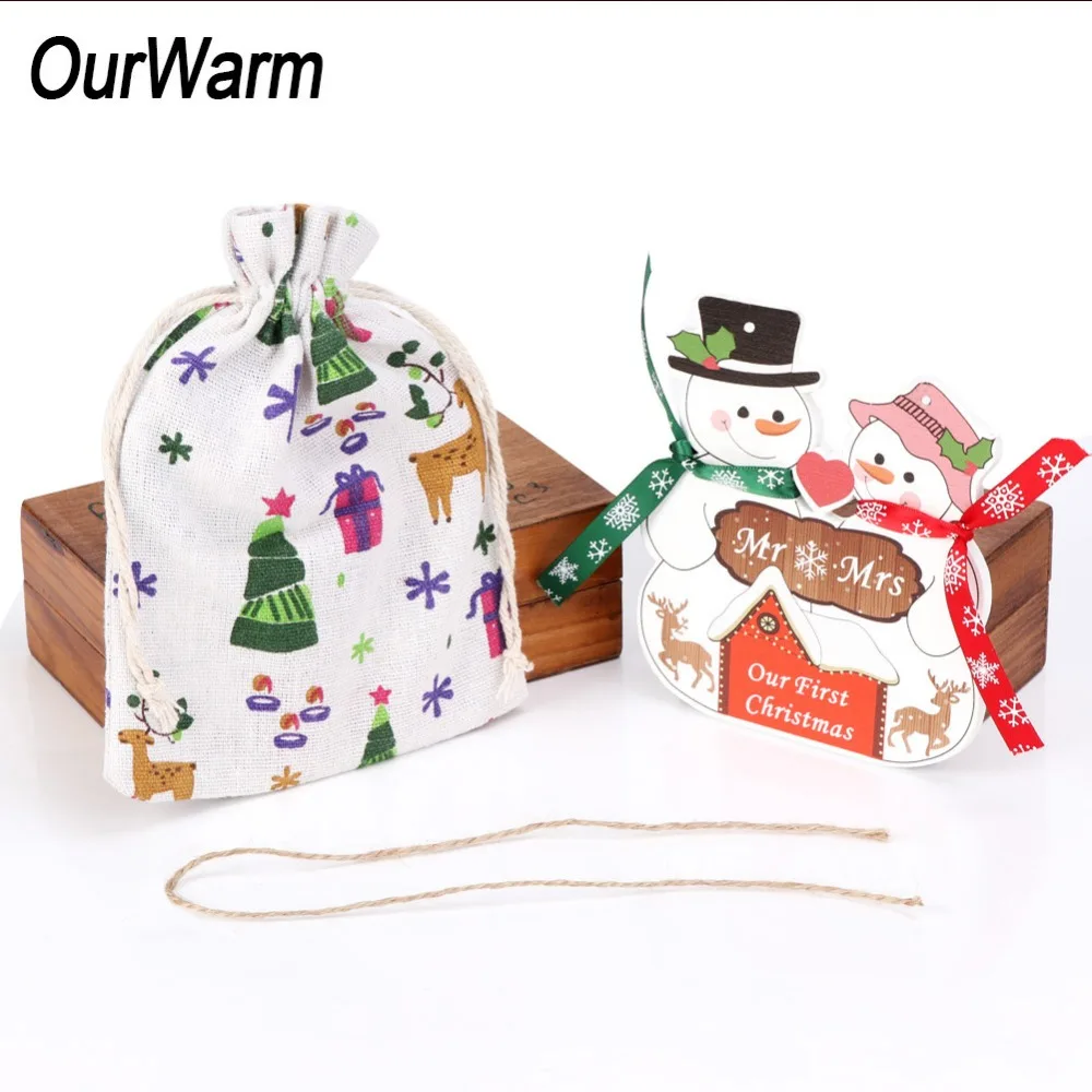 OurWarm индивидуальные Снеговики семья наш первый деревянная новогодняя елка орнамент с Рождество Лен Подарочная сумка пара Свадебный декор