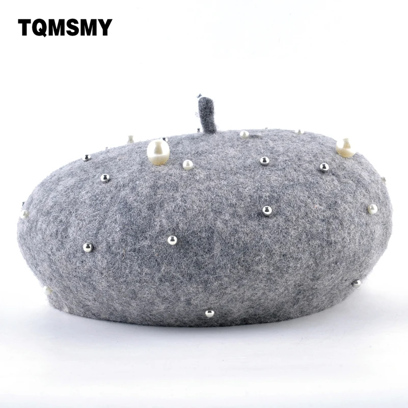 

Берет TQMSMY для женщин, из шерстяной ткани, плоский, с жемчугом, для девочек, Повседневный, однотонный