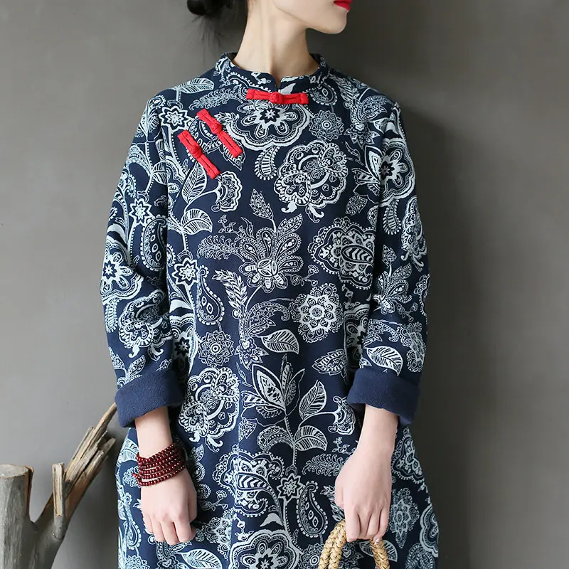 Johnature женское винтажное платье белого и синего цвета в китайском стиле Cheongsam Осень Зима Новое теплое флисовое платье с длинным рукавом