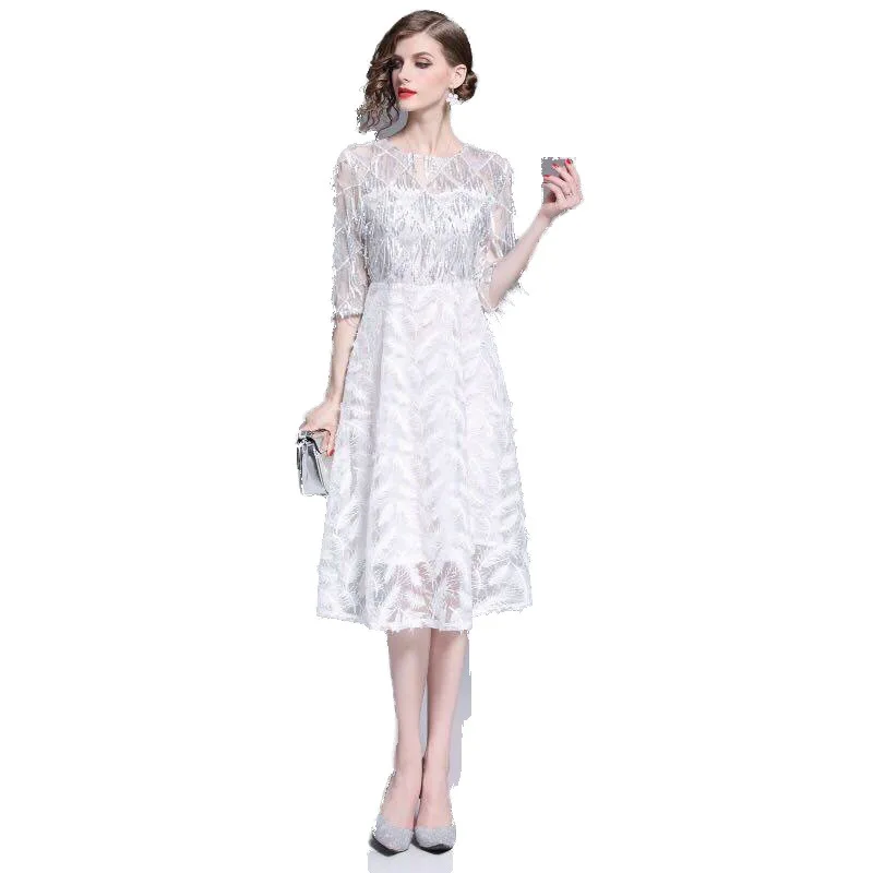 2019 летнее французское модное приталенное дизайнерское платье-миди с кисточками