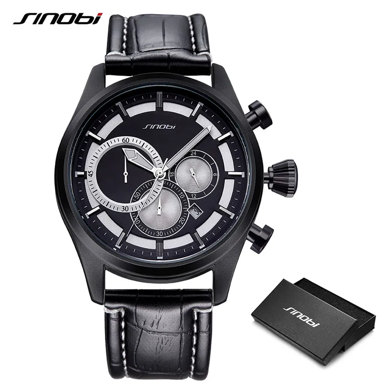 Black Relogio SINOBI, Новые креативные часы, мужские модные часы с кожаным ремешком, мужские часы с хронографом, мужские спортивные кварцевые аналоговые часы с большим циферблатом - Цвет: Black